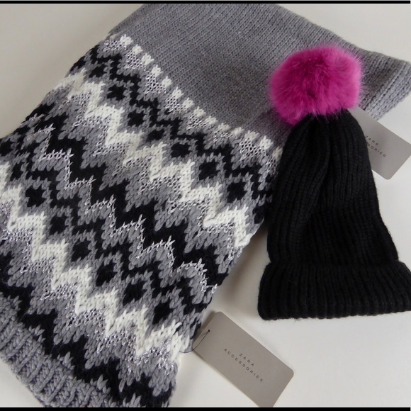 Zara Heavy Long Knit Scarf & PomPom Beanie Hat Set - Picture 1 of 7
